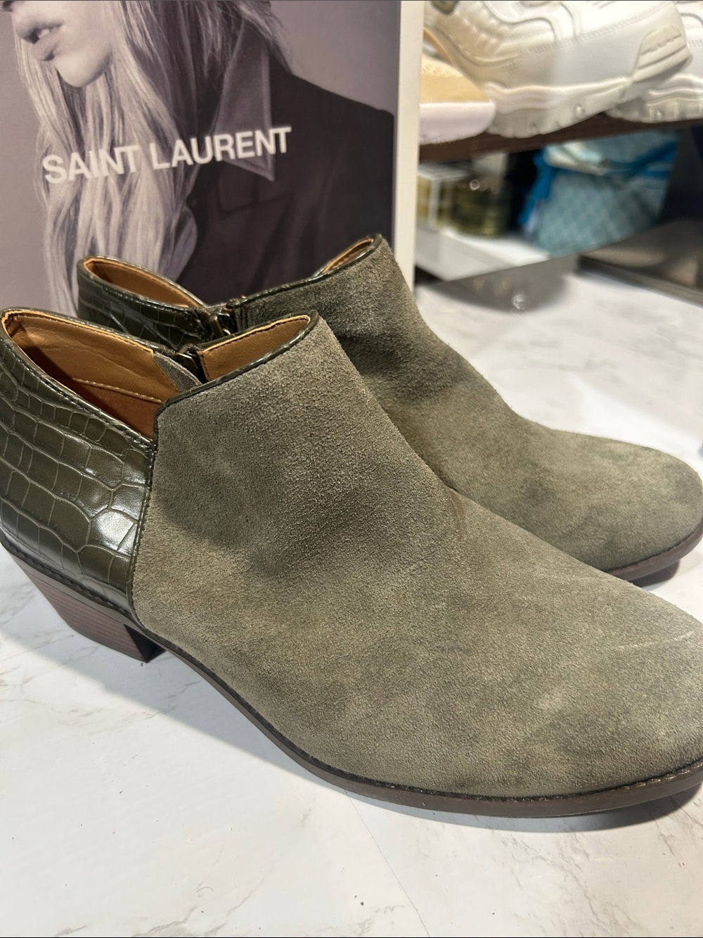 Vionic Marissa Olive Green Suede Croc Ankle Boots Booties